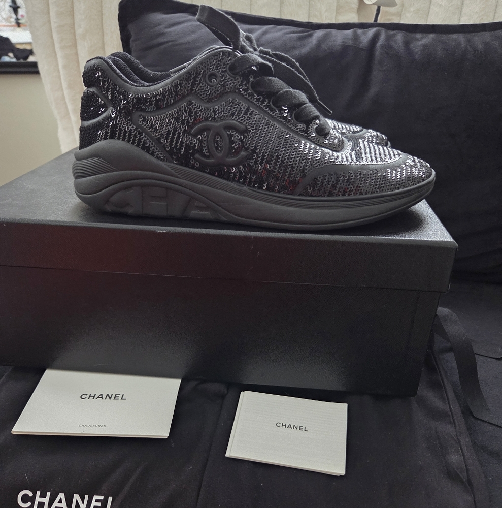 CHANEL Black Sequin Embellished Sneakers